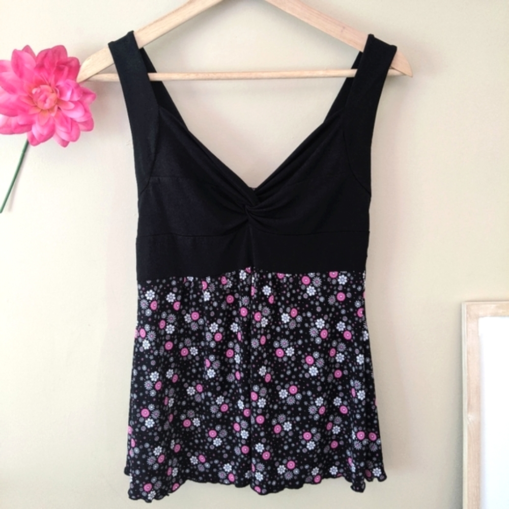 black & pink floral empire waist top